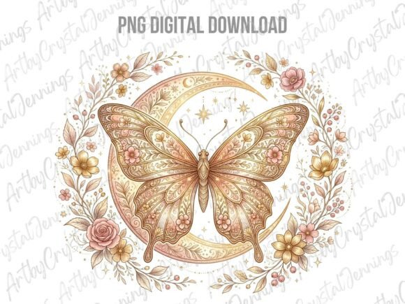 Download Celestial Moon Floral Butterfly Clipart - Moon Collection