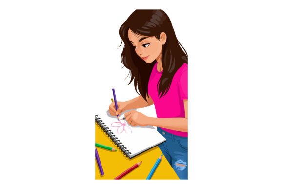 Download Young Girl Drawing in Sketchbook with Co - Book Collection
